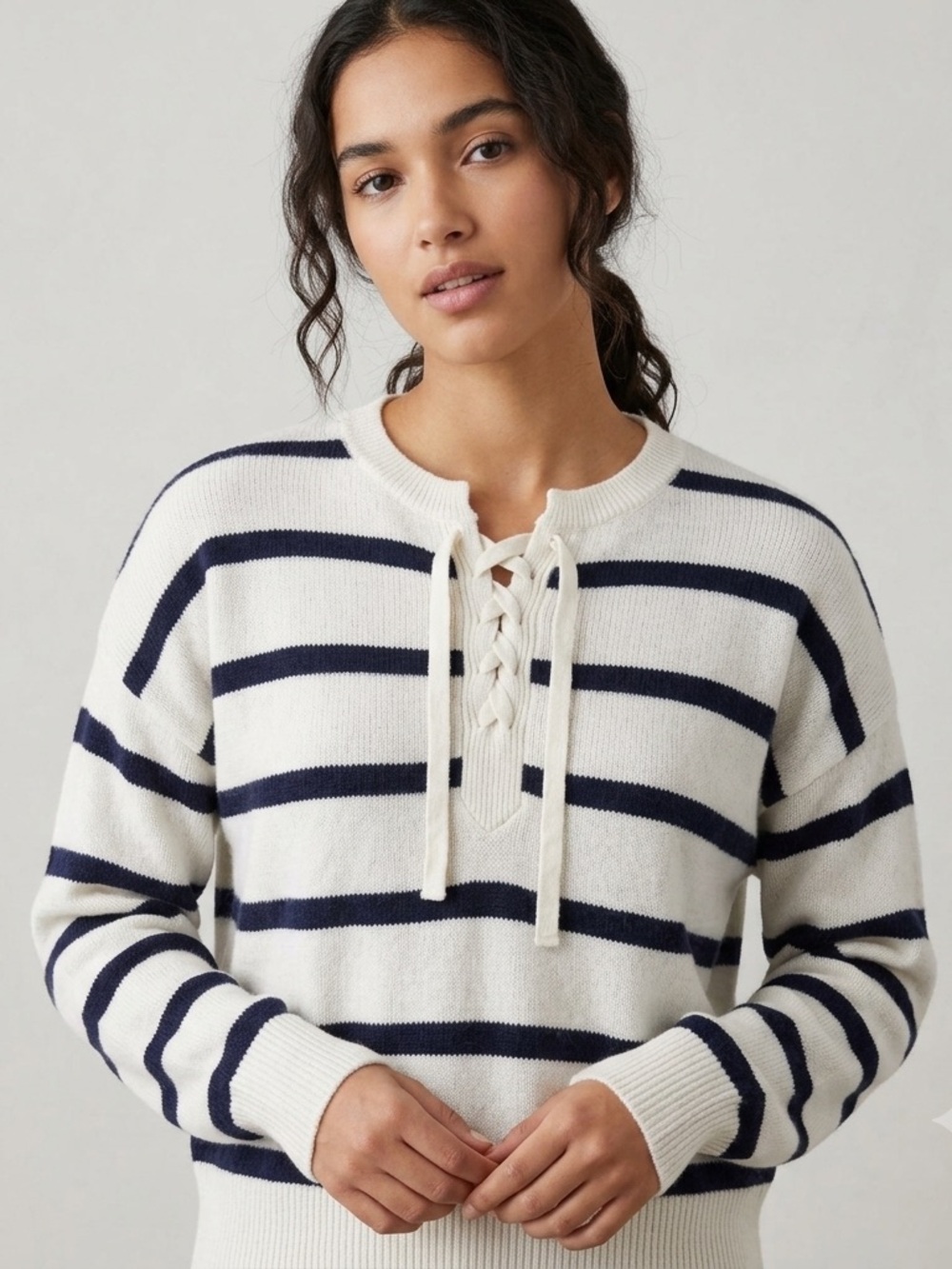 Vineyard Vines Cashmere Linen Striped Lace Up Sweater Women's Small Navy Cream